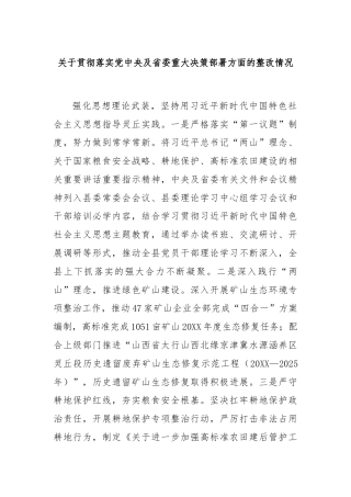 关于贯彻落实党中央及省委重大决策部署方面的整改情况