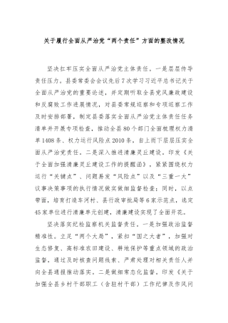 关于履行全面从严治党“两个责任”方面的整改情况