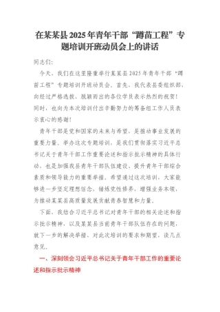 在某某县2025年青年干部“蹲苗工程”专题培训开班动员会上的讲话