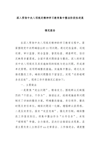 深入贯彻中央八项规定精神学习教育集中整治阶段性进展情况报告