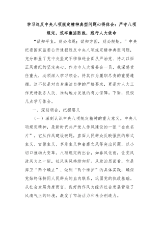 学习违反中央八项规定精神典型问题心得体会：严守八项规定，筑牢廉洁防线，践行人大使命