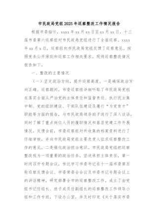 市民政局党组2025年巡察整改工作情况报告