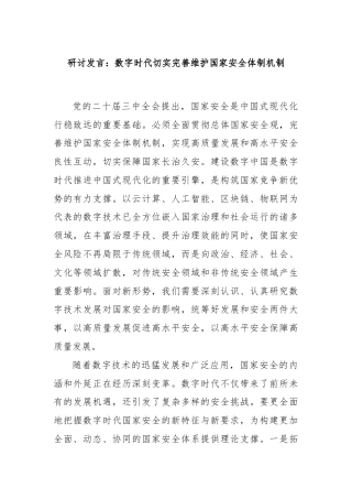 研讨发言：数字时代切实完善维护国家安全体制机制
