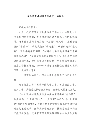 在全市政务信息工作会议上的讲话