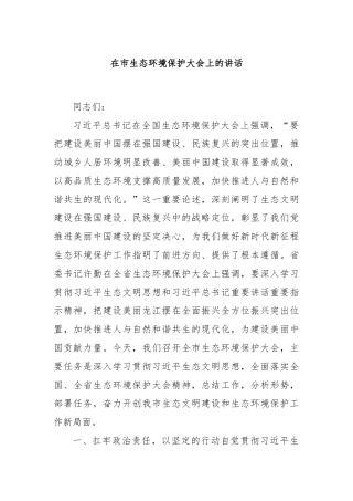 在市生态环境保护大会上的讲话