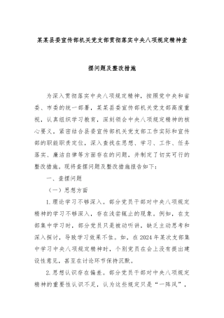 某某县委宣传部机关党支部贯彻落实中央八项规定精神查摆问题及整改措施