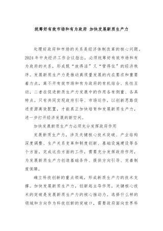 统筹好有效市场和有为政府 加快发展新质生产力