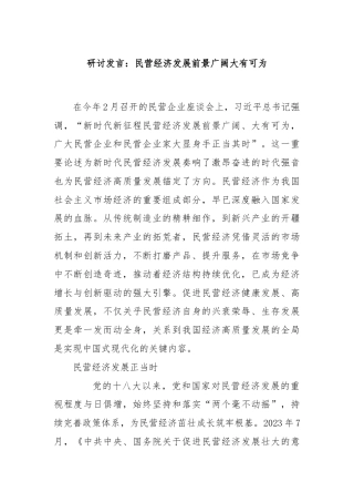 研讨发言：民营经济发展前景广阔大有可为