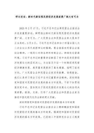 研讨发言：新时代新征程民营经济发展前景广阔大有可为