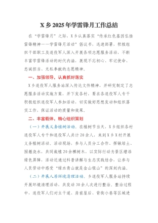 X乡2025年学雷锋月工作总结