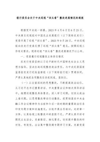 银行委员会关于中央巡视“回头看”整改进展情况的通报