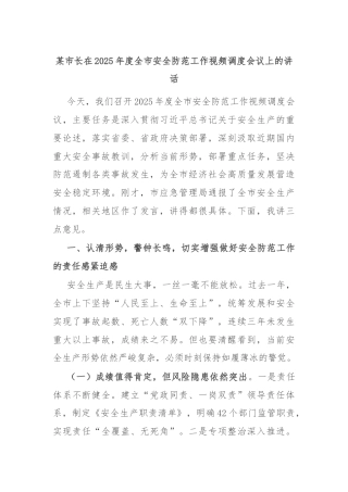 某市长在2025年度全市安全防范工作视频调度会议上的讲话