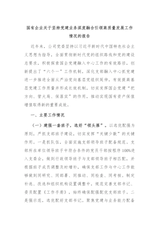 国有企业关于坚持党建业务深度融合引领高质量发展工作情况的报告