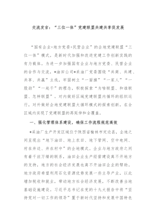 交流发言：“三位一体”党建联盟共建共享促发展