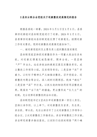 X县妇女联合会党组关于巡察整改进展情况的报告