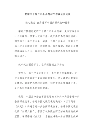 贯彻二十届三中全会精神工作做法及成效