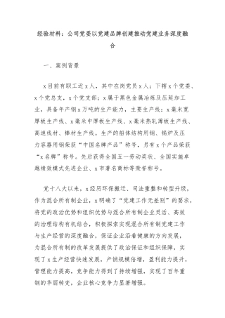 经验材料：公司党委以党建品牌创建推动党建业务深度融合