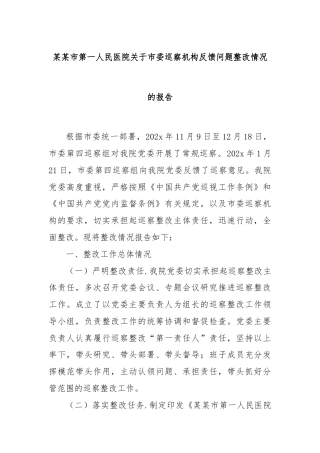 某某市第一人民医院关于市委巡察机构反馈问题整改情况的报告