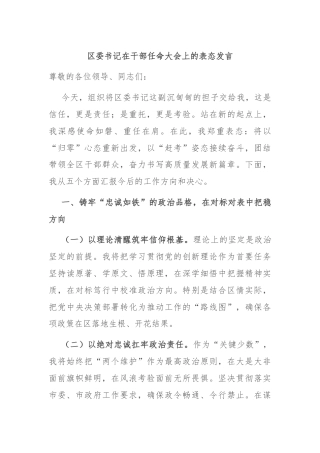 区委书记在干部任命大会上的表态发言