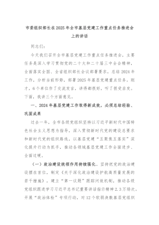 市委组织部长在2025年全市基层党建工作重点任务推进会上的讲话