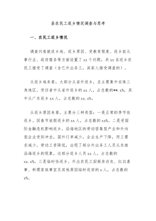 县农民工返乡情况调查与思考