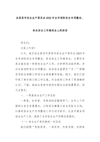 在某某市安全生产委员会2025年全市消防安全专项整治、食品安全工作推进会上的讲话