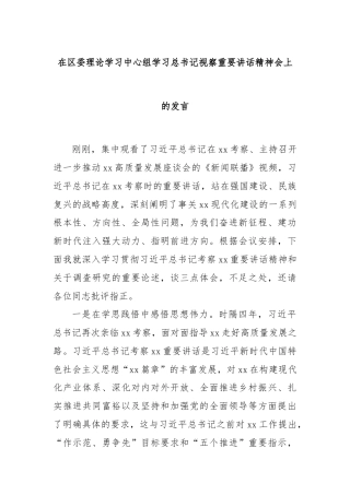 在区委理论学习中心组学习总书记视察重要讲话精神会上的发言