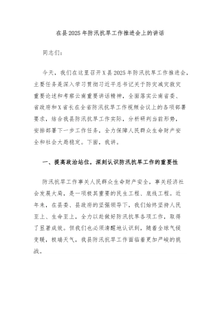 在县2025年防汛抗旱工作推进会上的讲话