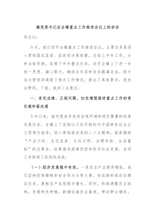 镇党委书记在全镇重点工作推进会议上的讲话