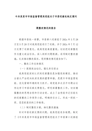 中共某某市市场监督管理局党组关于市委巡察机构反馈问题整改情况的报告