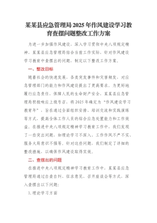 某某县应急管理局2025年作风建设学习教育查摆问题整改工作方案