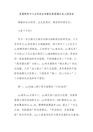 发展研究中心主任在全市新区投资推介会上的发言