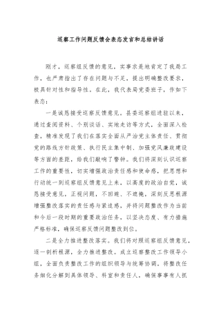 巡察工作问题反馈会表态发言和总结讲话
