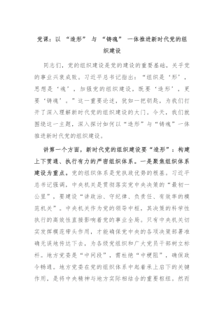 党课：以 “造形” 与 “铸魂” 一体推进新时代党的组织建设