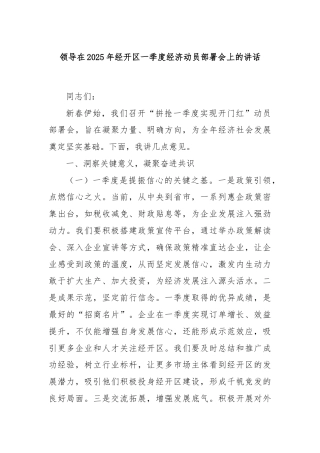 领导在2025年经开区一季度经济动员部署会上的讲话