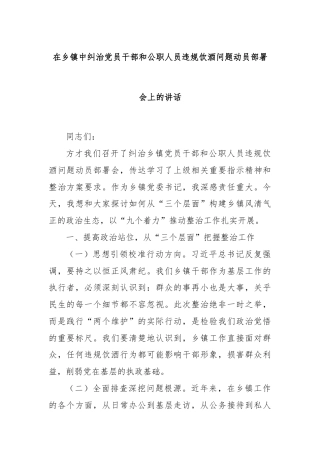 在乡镇中纠治党员干部和公职人员违规饮酒问题动员部署会上的讲话