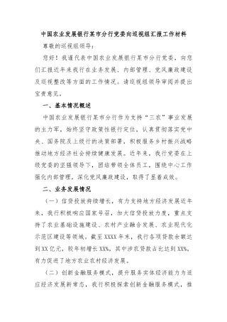 中国农业发展银行某市分行党委向巡视组汇报工作材料