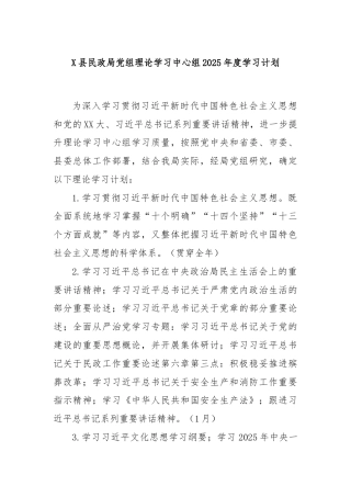 X县民政局党组理论学习中心组2025年度学习计划