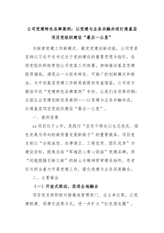 公司党建特色品牌案例：以党建与业务共融共进打通基层项目党组织建设“最后一公里”