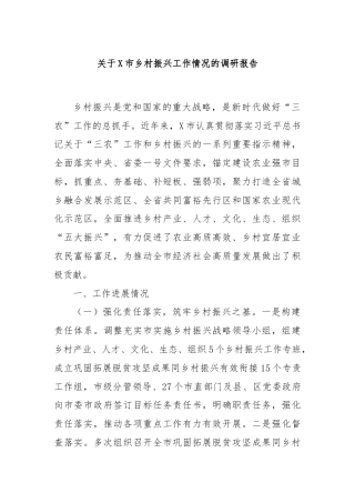 关于X市乡村振兴工作情况的调研报告