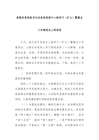 某税务局党组书记在县局党委中心组学习（扩大）暨重点工作推进会上的讲话