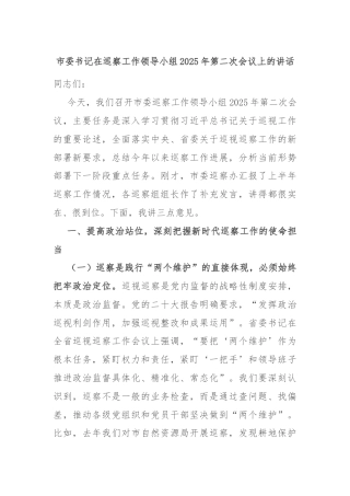 市委书记在巡察工作领导小组2025年第二次会议上的讲话