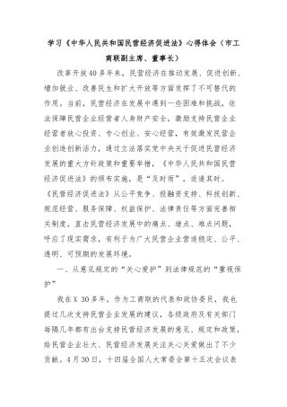 学习《中华人民共和国民营经济促进法》心得体会（市工商联副主席、董事长）