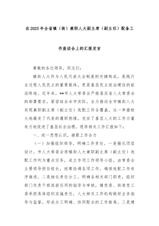 在2025年全省镇（街）兼职人大副主席（副主任）配备工作座谈会上的汇报发言