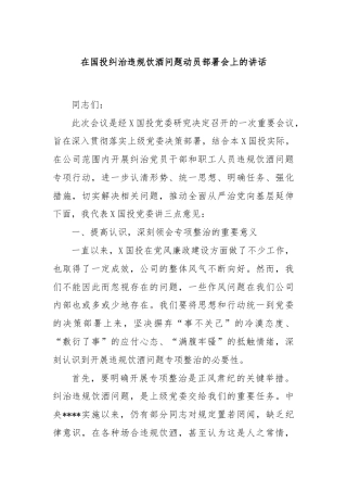 在国投纠治违规饮酒问题动员部署会上的讲话