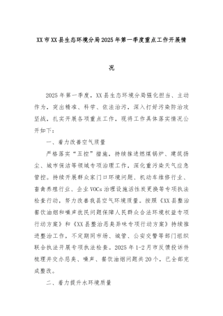 XX市XX县生态环境分局2025年第一季度重点工作开展情况
