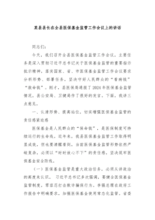 某县县长在全县医保基金监管工作会议上的讲话