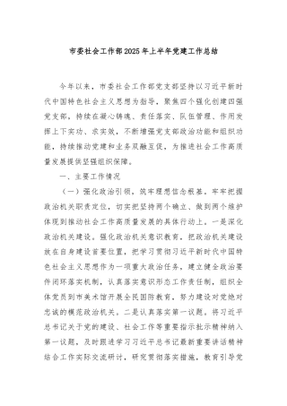市委社会工作部2025年上半年党建工作总结