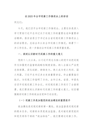 在2025年全市巡察工作推进会上的讲话