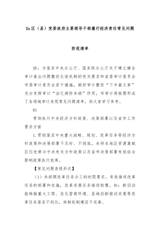 Xx区（县）党委政府主要领导干部履行经济责任常见问题防范清单